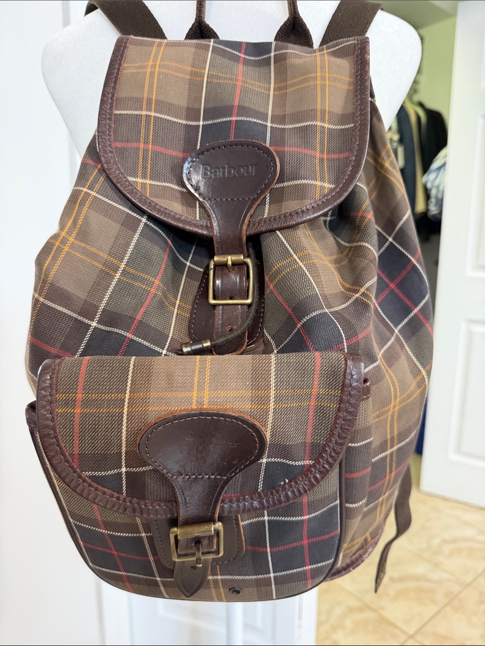 Barbour Brown Tartan Plaid Canvas Backpack with Leather Trim